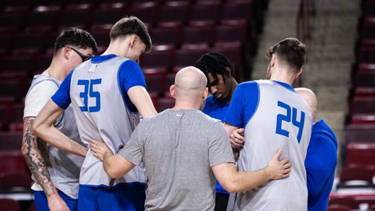 Saint Louis Billikens Assistant Coach Zak Boisvert join the huddle during a practice at Chaifetz Arena