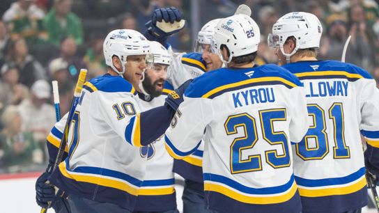 Brayden Schenn (10) of the St. Louis Blues celebrates with teammates after scoring a goal against the Minnesota Wild in the first period at Xcel Energy Center on March 15, 2025. Brayden Schenn (10) of the St. Louis Blues celebrates with teammates after scoring a goal against the Minnesota Wild in the first period at Xcel Energy Center on March 15, 2025.