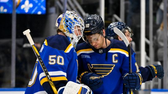 Jordan Binnington and Brayden Schenn celebrate Blues' win over Ducks at Enterprise Center. Jordan Binnington and Brayden Schenn celebrate Blues' win over Ducks at Enterprise Center.