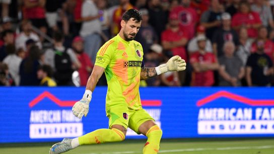 Oct 5, 2024; St. Louis, Missouri, USA; St. Louis CITY SC goalkeeper Roman Burki (1) plays the ball against Houston Dynamo FC in the second half at CITYPARK. Oct 5, 2024; St. Louis, Missouri, USA; St. Louis CITY SC goalkeeper Roman Burki (1) plays the ball against Houston Dynamo FC in the second half at CITYPARK.