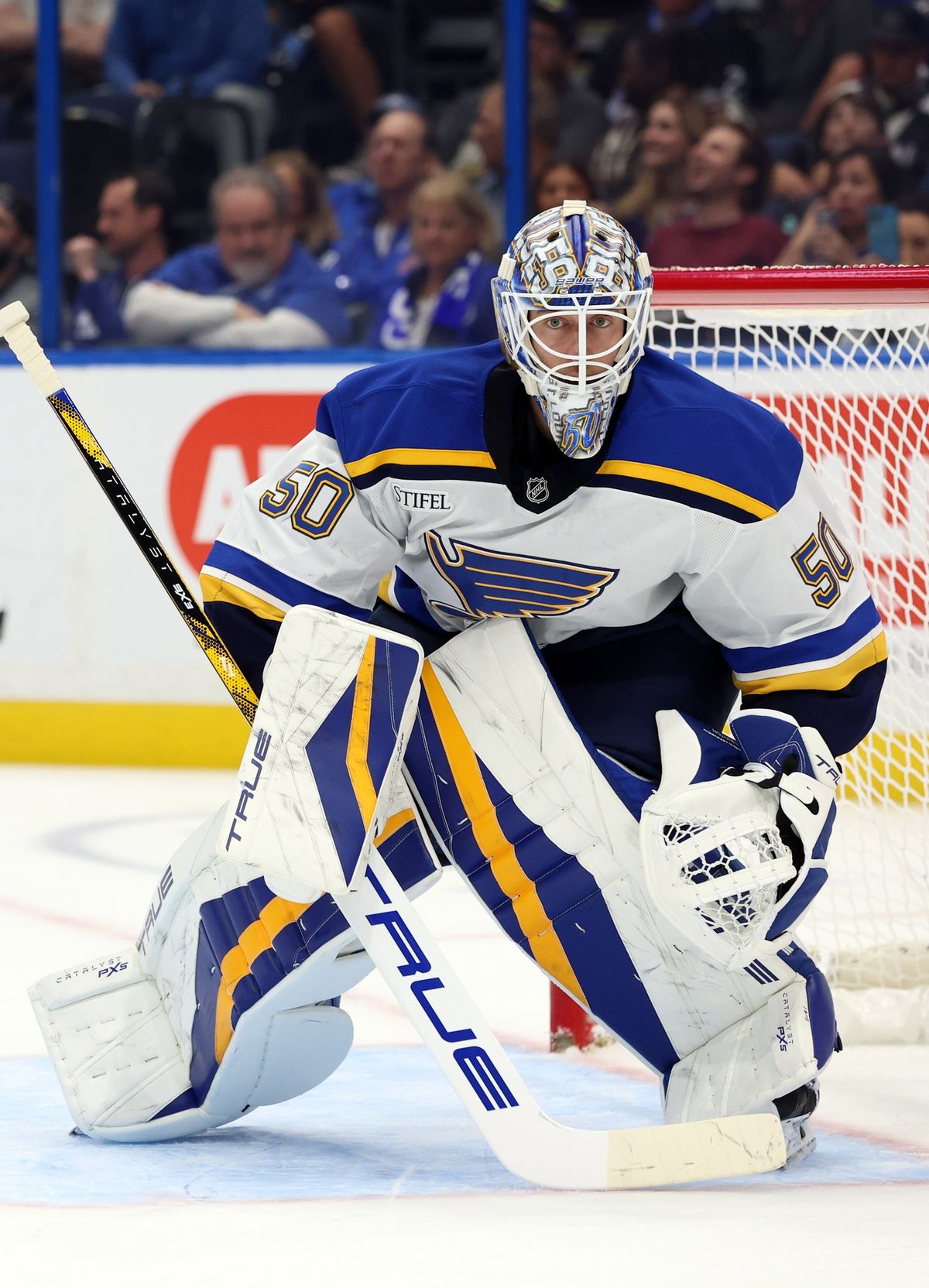 Dec 19, 2024; Tampa, Florida, USA;St. Louis Blues goaltender Jordan Binnington (50) looks down ice against the Tampa Bay Lightning during the first period at Amalie Arena. Dec 19, 2024; Tampa, Florida, USA;St. Louis Blues goaltender Jordan Binnington (50) looks down ice against the Tampa Bay Lightning during the first period at Amalie Arena.